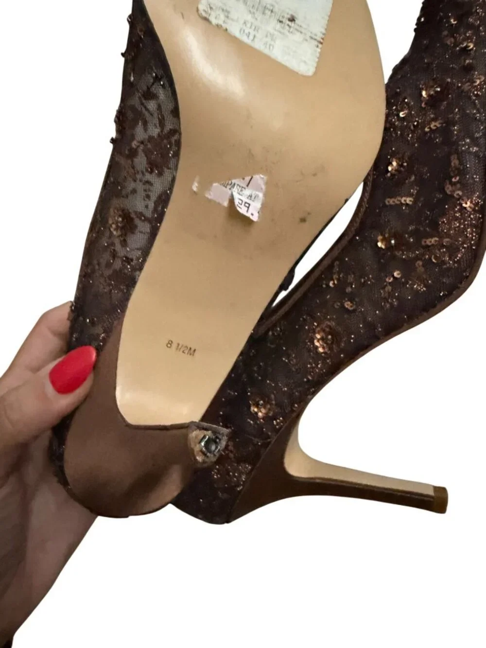 LORD & TAYLOR Brown Embellished Beaded Floral Heels Size 8.5